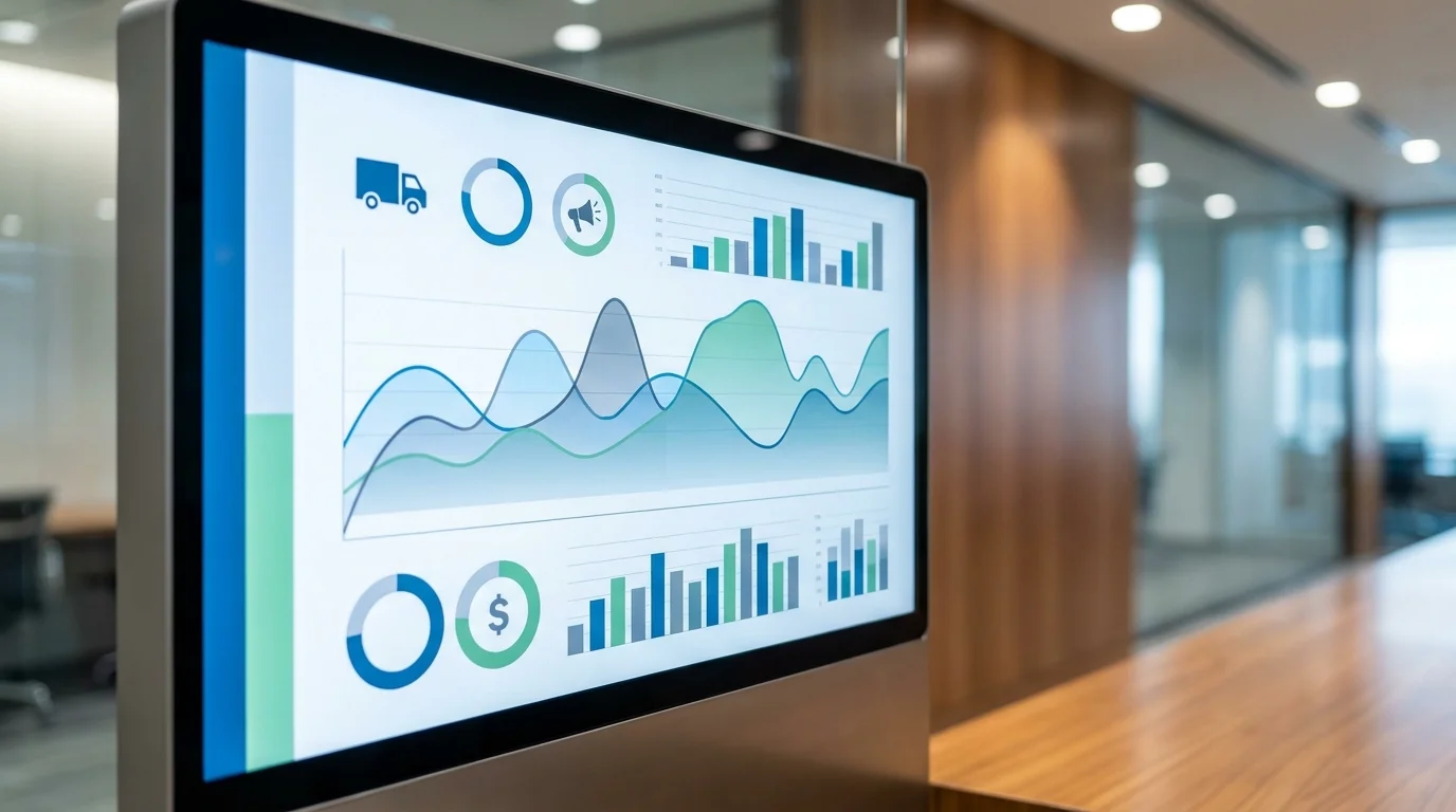 Close-up of a digital dashboard showing real-time logistics costs, marketing ROI, and net profit calculations for a multi-channel e-commerce business environment.