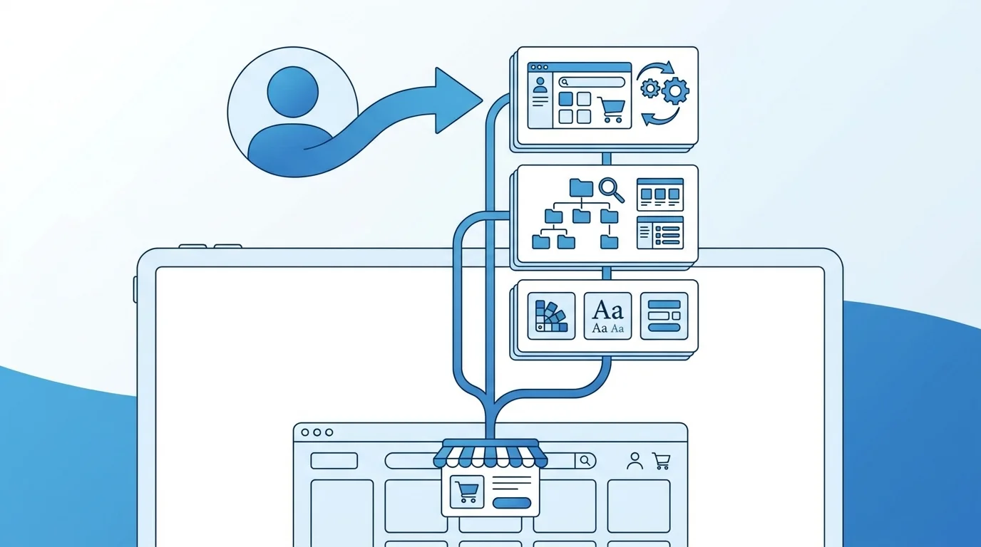 Infographic illustrating a structured hierarchy of e-commerce website design, focusing on user experience, information architecture, and visual consistency in a digital marketplace.