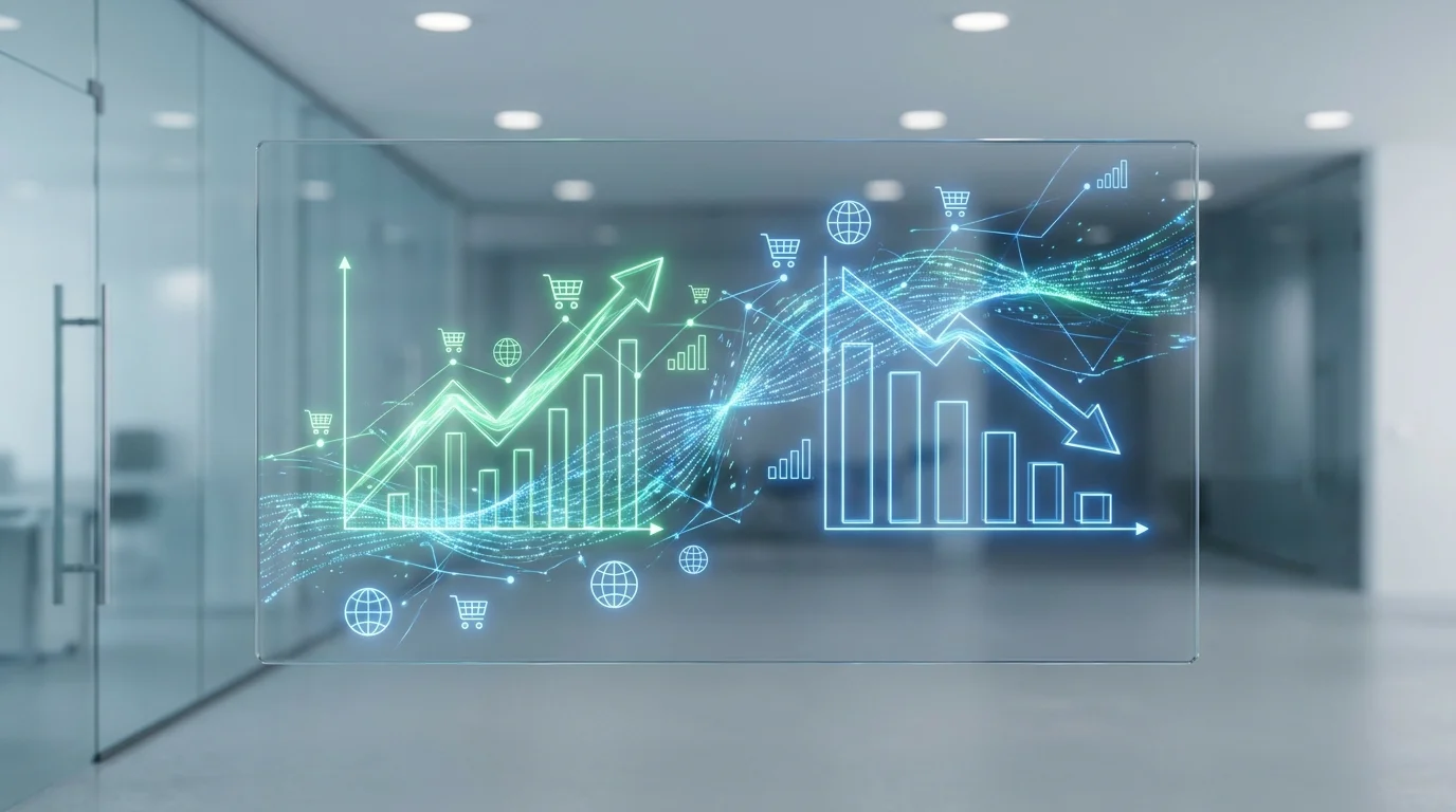 A high-tech visualization of search engine algorithms showing the direct correlation between product purchase conversion rates and organic search ranking positions on a global e-commerce platform.