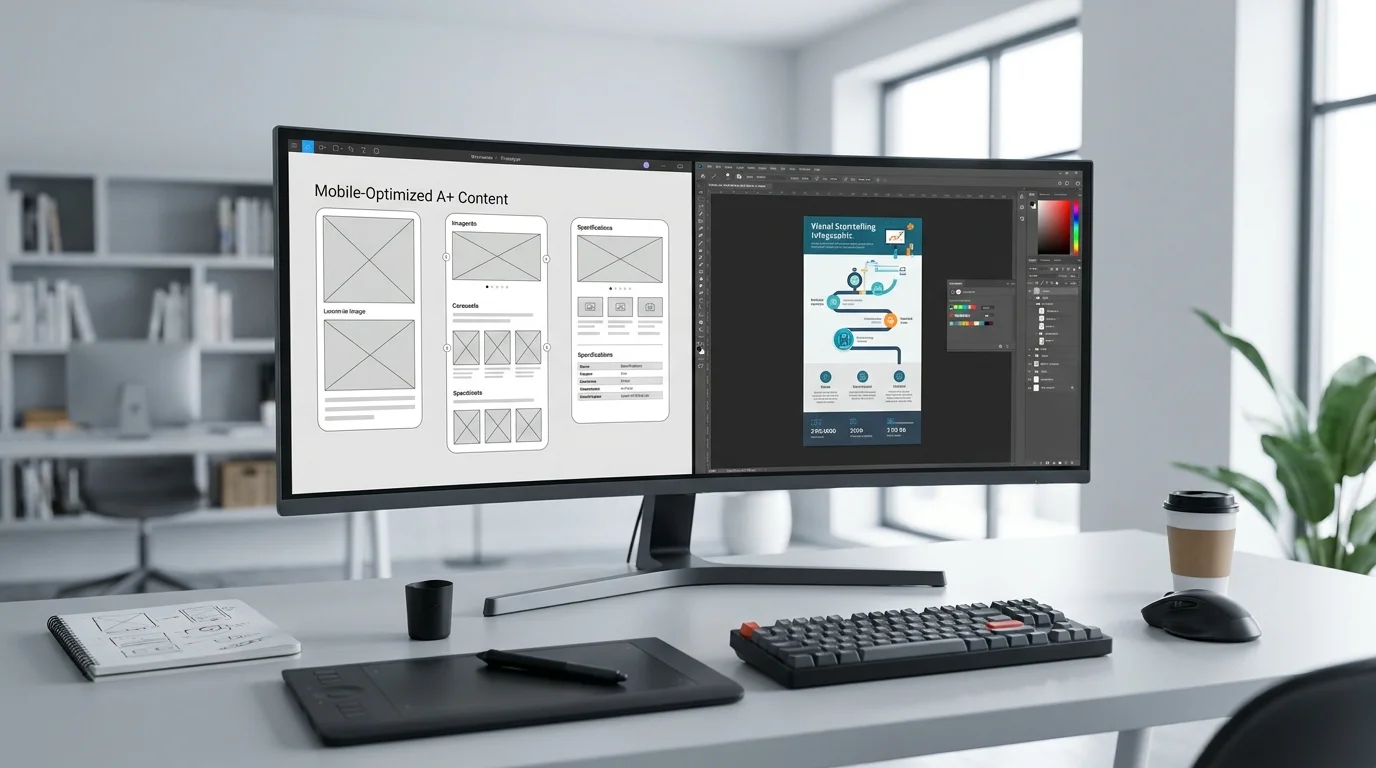 A detailed graphic design workspace illustrating the process of creating optimized A plus content with visual storytelling and technical specifications for enhanced mobile user experience.