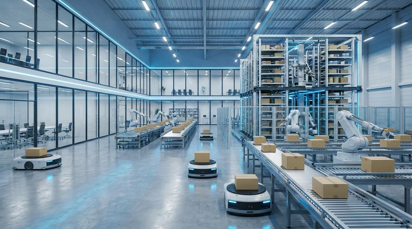High-tech logistics center showing automated systems for fulfillment, representing efficient supply chain management and delivery speed.