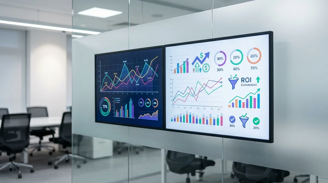 Technical dashboard displaying complex data charts and performance metrics for digital advertising campaigns, highlighting ROI and conversion tracking.