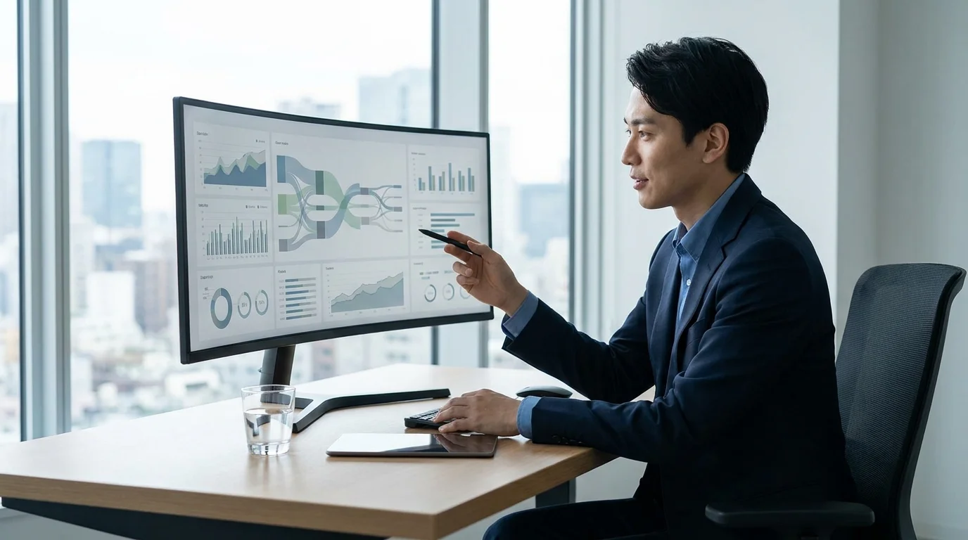 Business professional analyzing e-commerce sales funnels and market trends on a high-tech monitor, illustrating the strategic decision-making process.