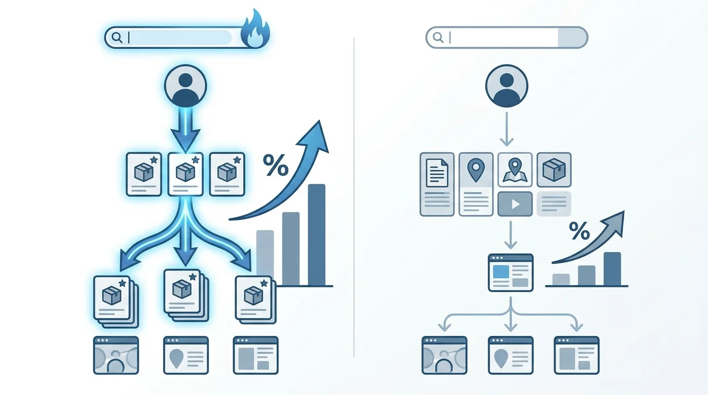 A technical comparison diagram illustrating the difference between Sponsored Products and other search placements, showing user flow, click-through rate variations, and landing page destinations.