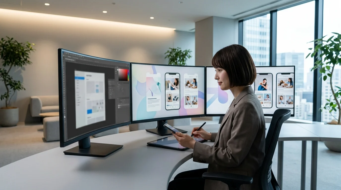 A high-tech workspace showing a designer optimizing mobile ad creatives for Amazon, focusing on lifestyle imagery, clear typography, and graphic placement to maximize engagement on smartphone screens.