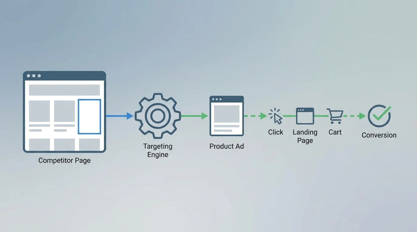 A technical diagram illustrating the contextual targeting logic where an ad for a specific product is placed on a competitor's product detail page, highlighting the conversion path.