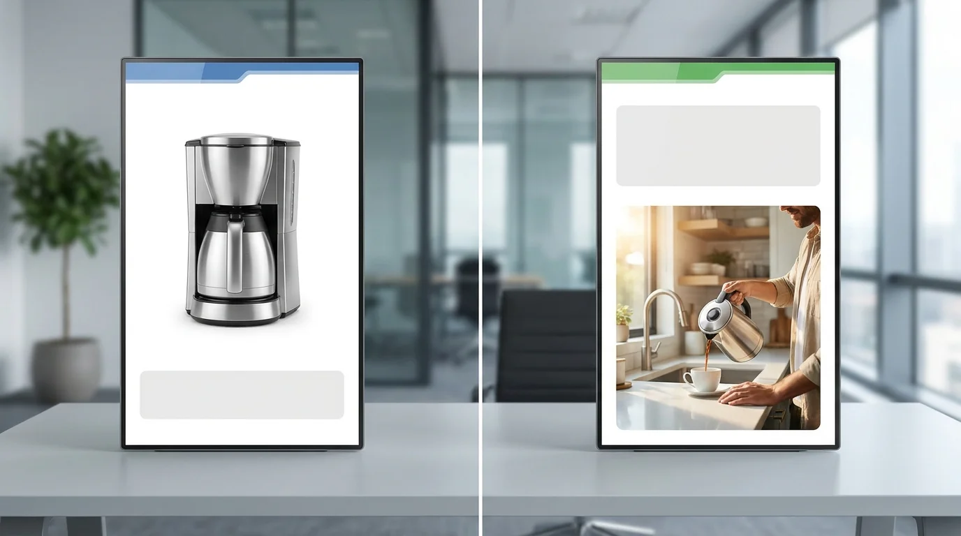 A split-screen comparison showing two different ad creatives for Amazon Sponsored Display, one with a standard product image and another with a lifestyle image and custom headline.