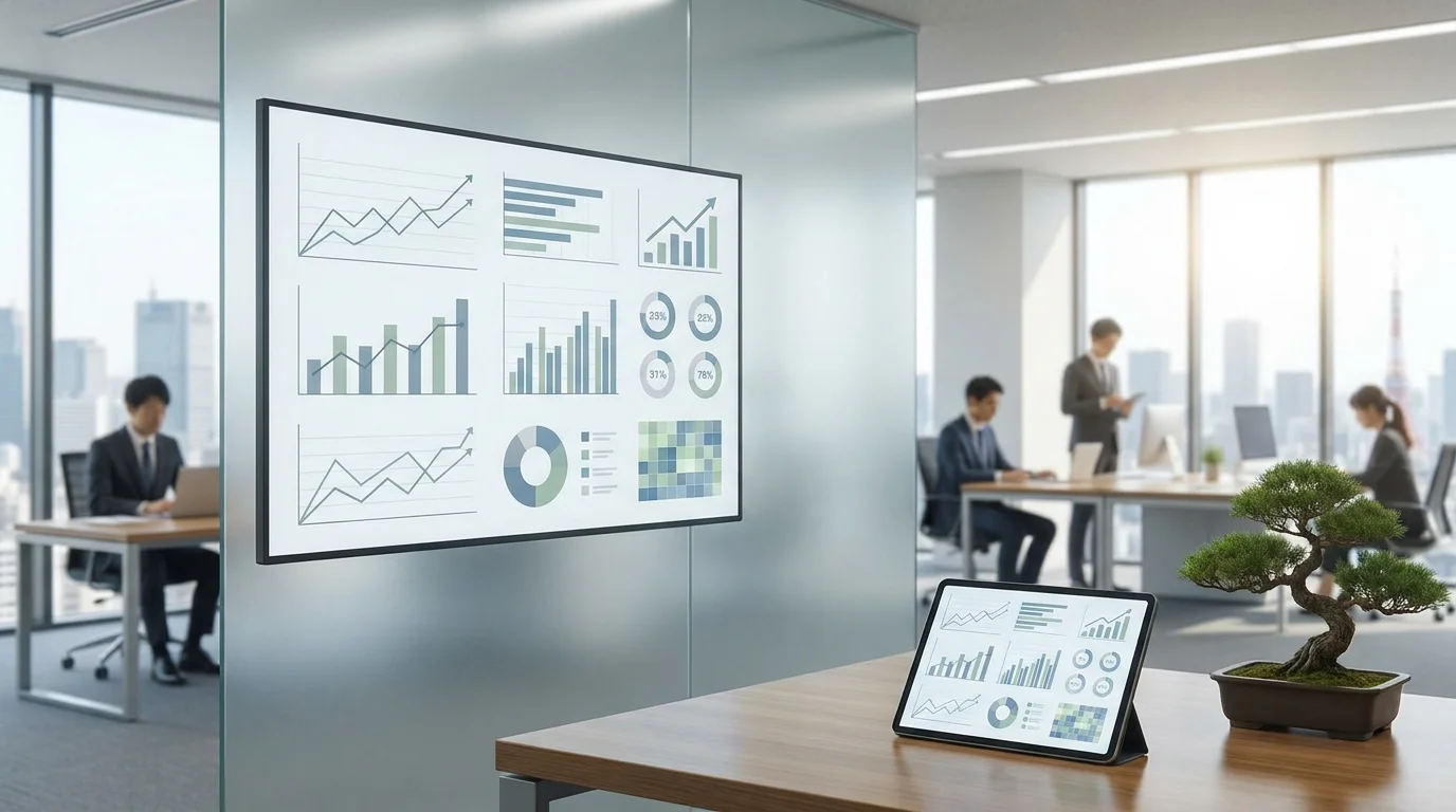 A business dashboard displaying key performance indicators and growth metrics related to Amazon sales performance, buy box win rates, and market share analysis.