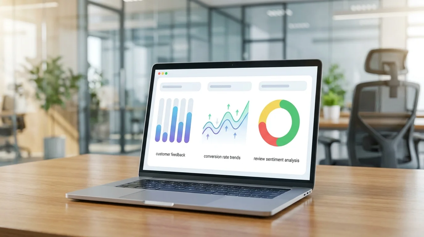 Data visualization dashboard showing customer feedback metrics, conversion rate trends, and review sentiment analysis displayed on a high-resolution laptop screen in a professional business setting.