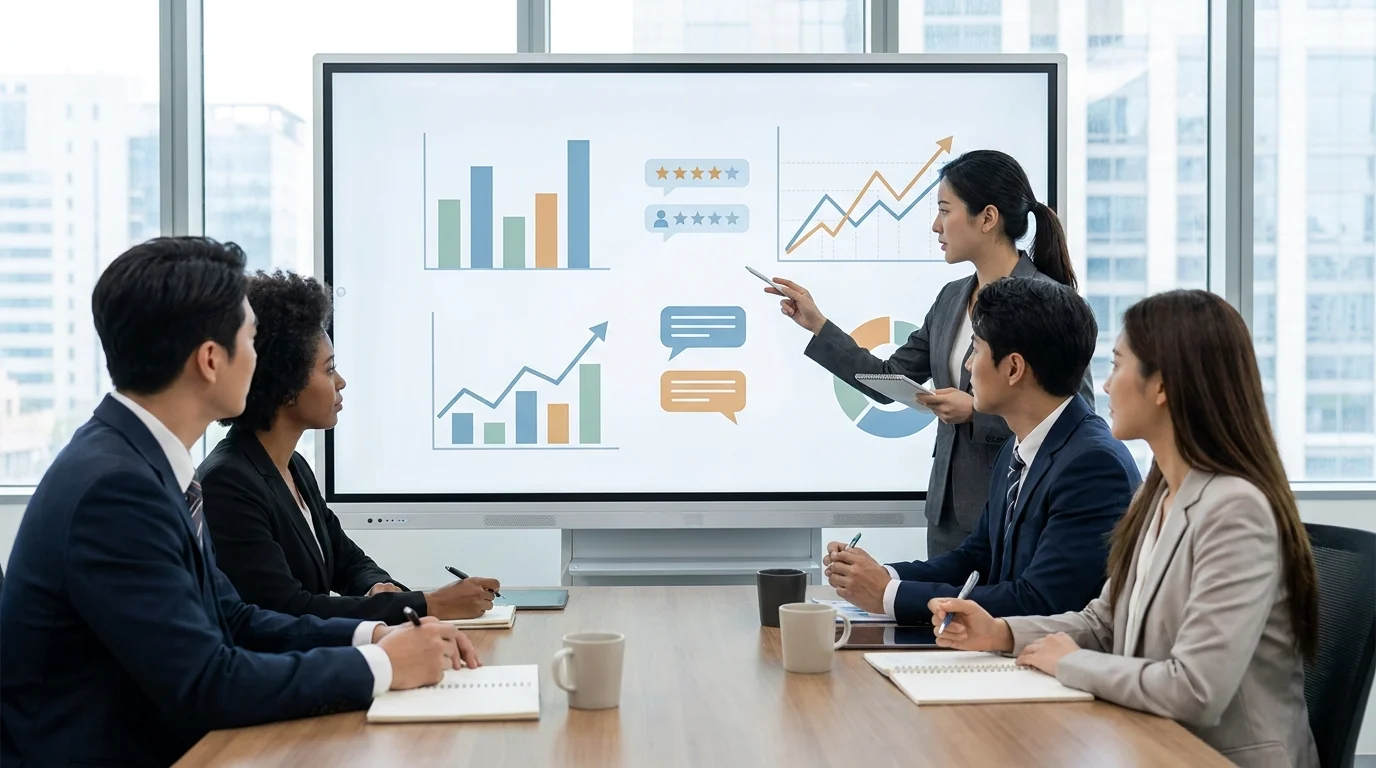 Strategic marketing planning session featuring a team analyzing e-commerce growth charts and customer engagement statistics on a large digital tablet, emphasizing the importance of review management.