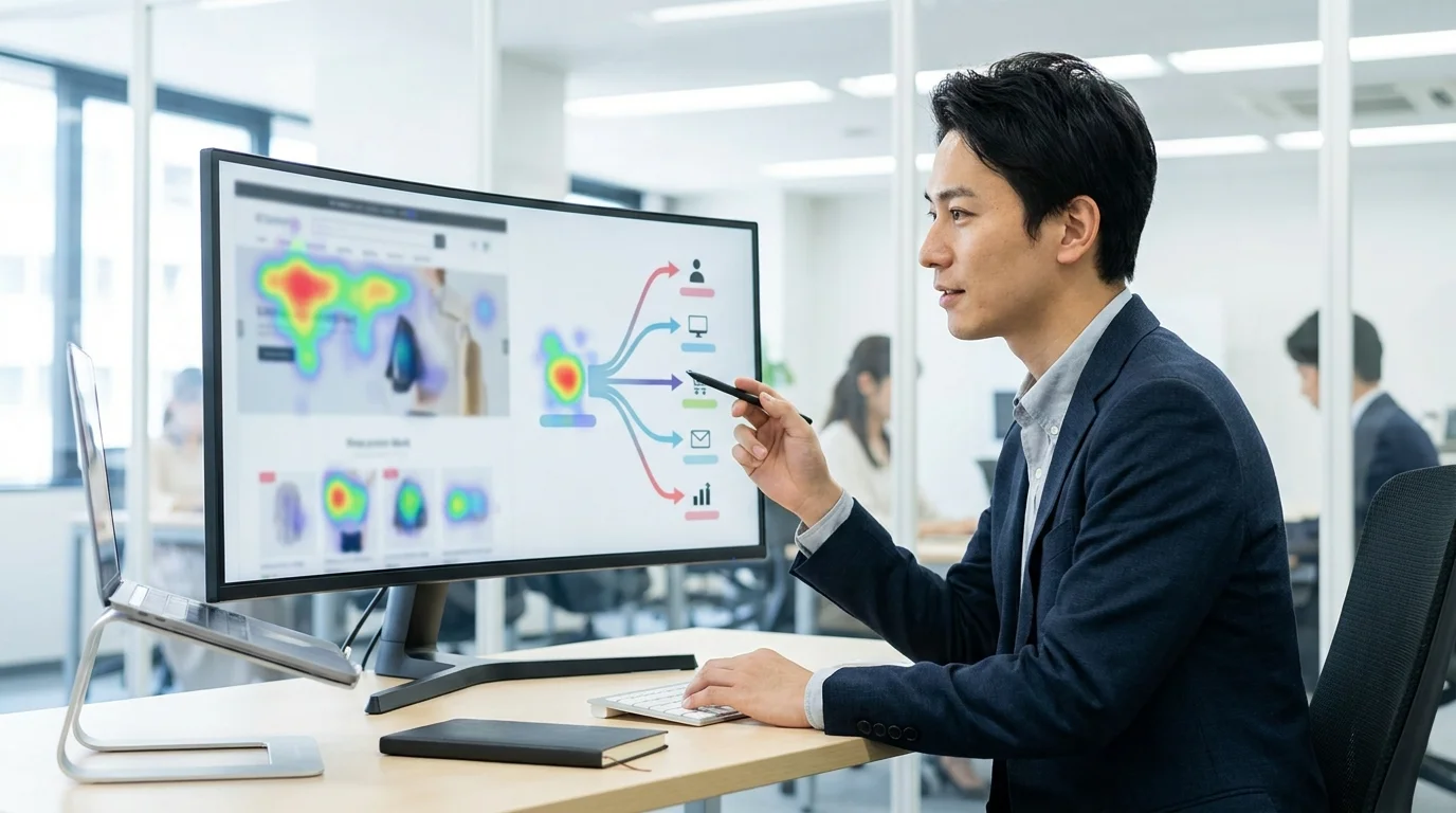 Digital marketing professional analyzing e-commerce analytics on a large monitor with heatmaps and user behavior flow charts to improve conversion rate optimization and user experience.