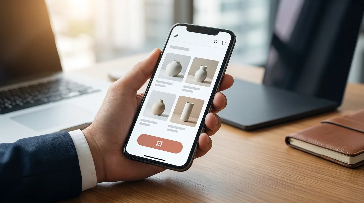 A high-end smartphone displaying a mobile-optimized e-commerce product page with intuitive navigation, clear call-to-action buttons, and high-quality product photography for a seamless shopping experience.
