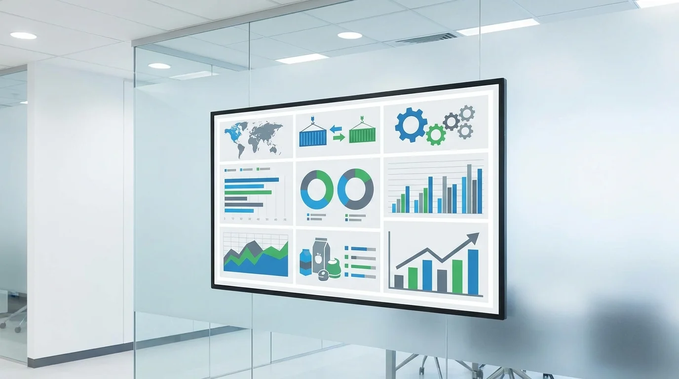 Professional supply chain management and manufacturing quality control dashboard showing data analytics and logistics optimization for food OEM business.