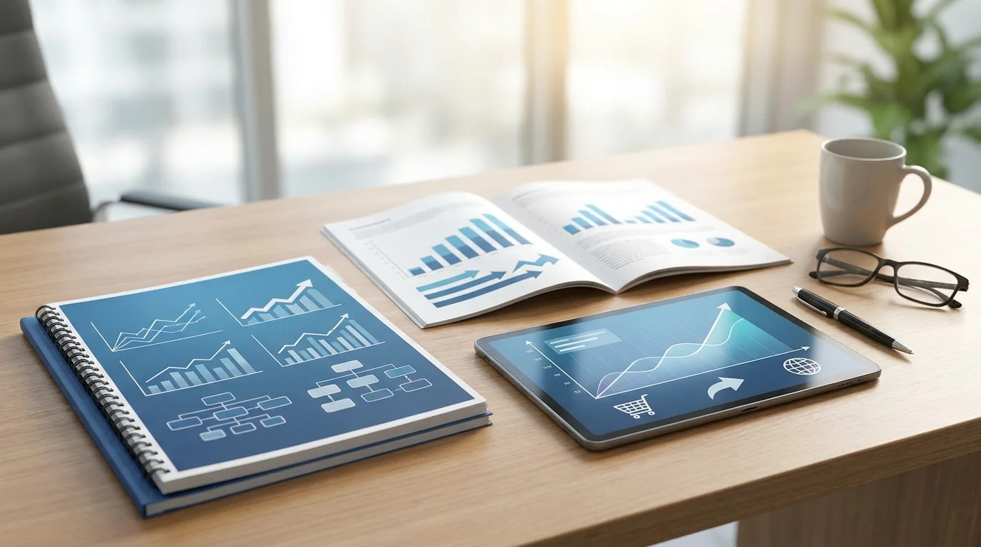 Business growth chart and strategic planning document on a desk representing e-commerce marketing ROI and D2C scaling roadmap.