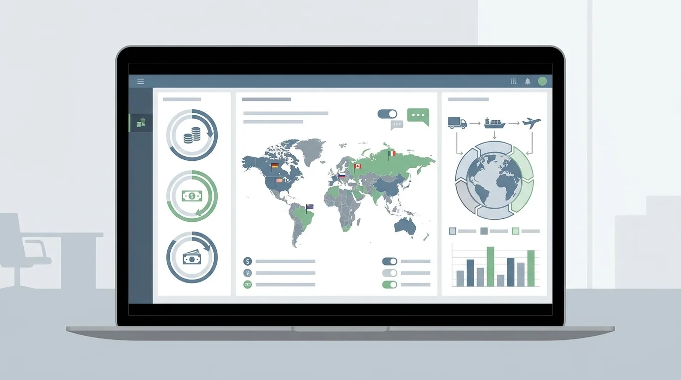A technical dashboard illustration displaying multi-currency conversion rates, language localization settings, and global shipping zones within an e-commerce backend system.