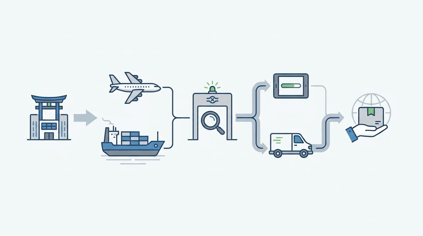 An infographic representing a seamless logistics flow from a Japanese warehouse to international customers, including steps for customs clearance and last-mile delivery tracking.