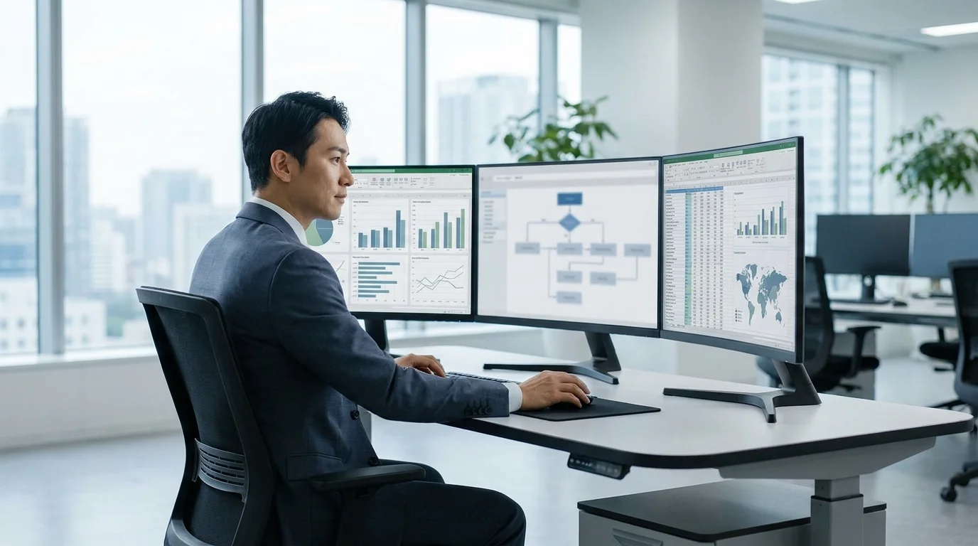 A professional business setting showing a data analyst reviewing international trade tariffs and compliance regulations on multiple monitors, with charts illustrating the cost impact of customs duties on global e-commerce operations.