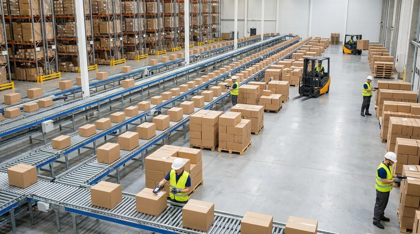 A large logistics fulfillment center showing organized packages ready for international shipping, representing the efficiency of cross-border e-commerce supply chains and the importance of accurate labeling for customs clearance.