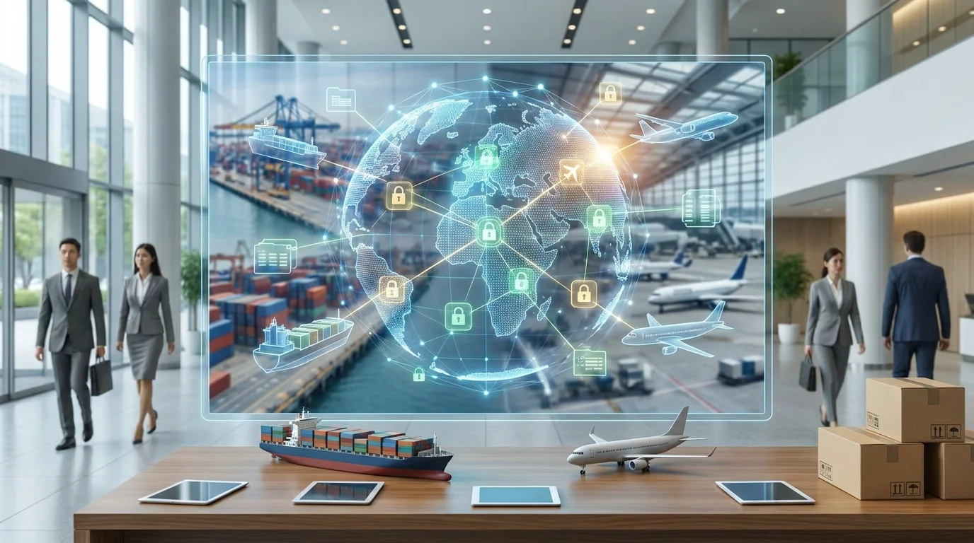 A conceptual visual representing global trade, customs duties, and cross-border e-commerce logistics with cargo ships, airplanes, and digital data overlays in a professional business setting.