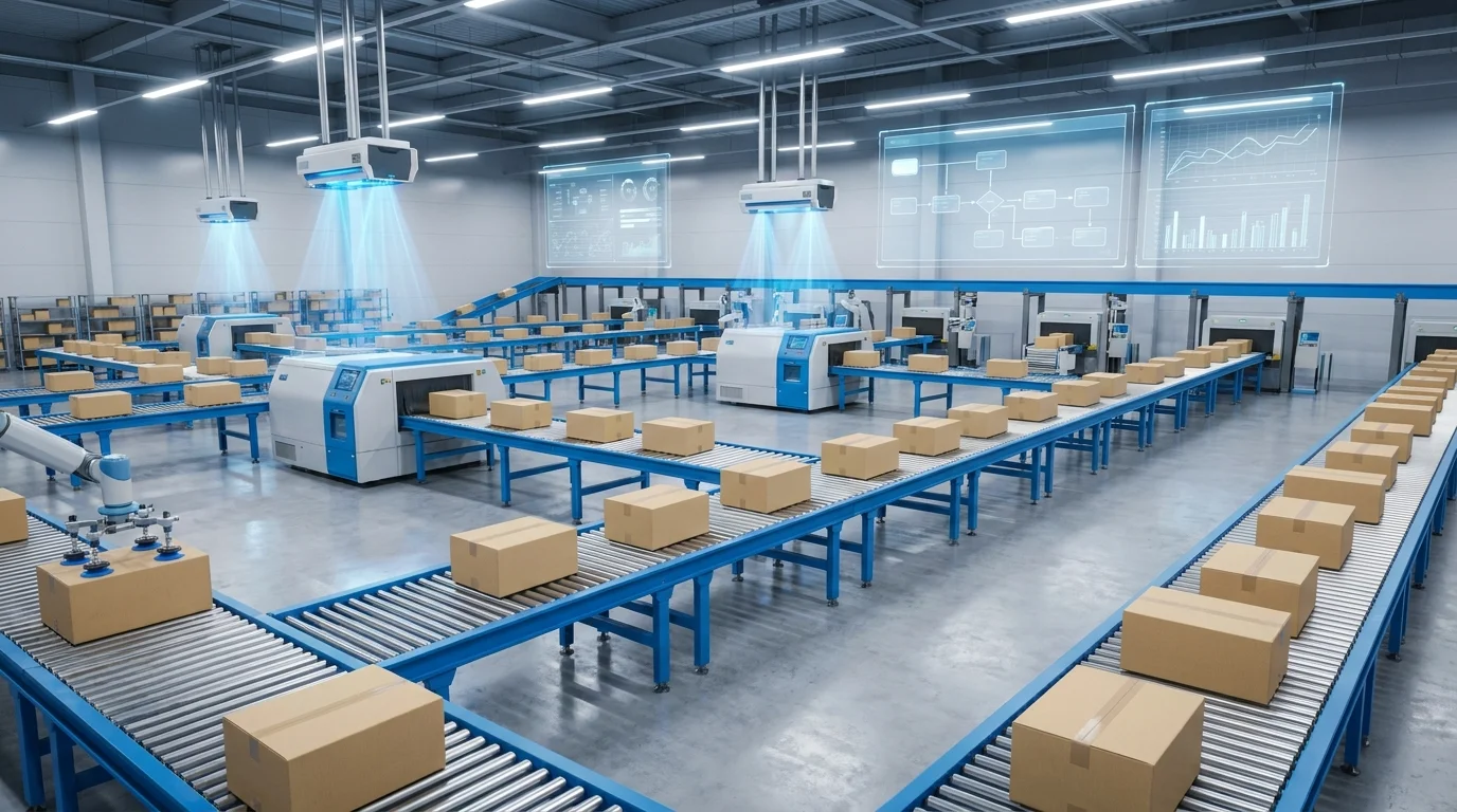 Automated logistics warehouse system processing international e-commerce parcels with high-speed conveyors and digital tracking technology for global shipping.