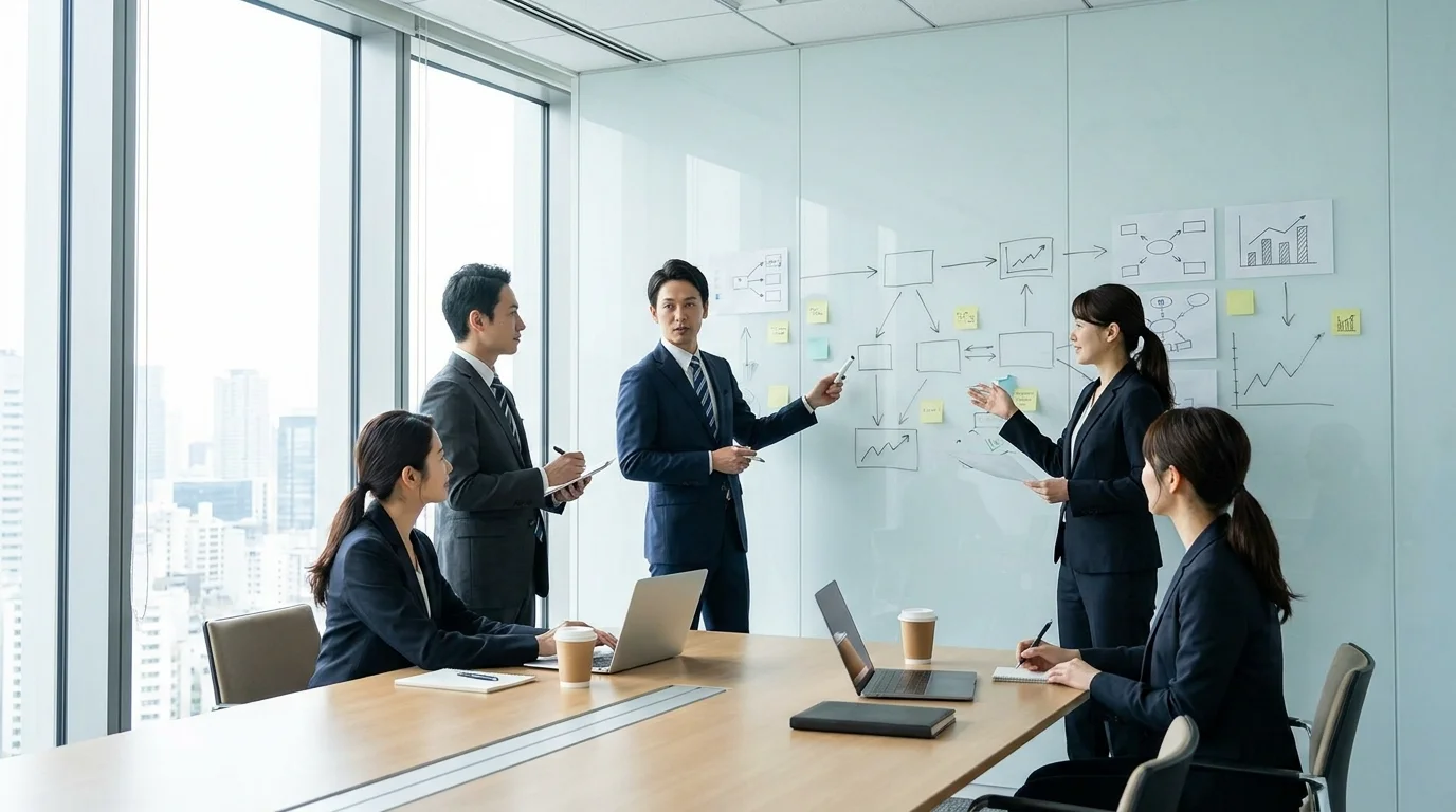 A team of marketing professionals brainstorming customer journey maps on a whiteboard, focusing on F2 conversion rates and loyalty program design for retail.