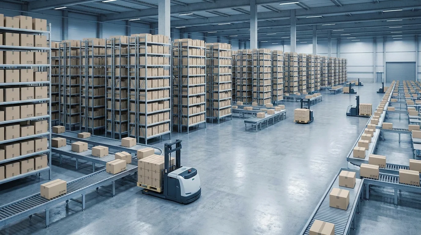 A conceptual visual showing a large scale warehouse with organized logistics and shipping boxes, symbolizing economies of scale in e-commerce logistics.