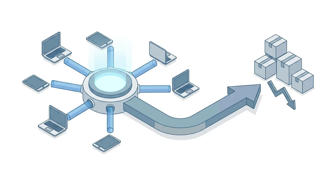 Technical illustration of a centralized logistics hub connecting multiple online storefronts into a single shipping pipeline to optimize costs.