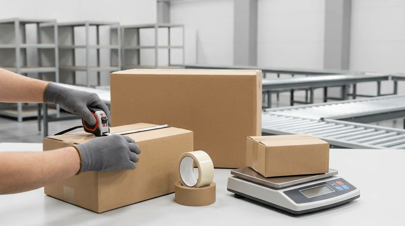 Close-up of high-quality packaging materials and various box sizes being measured for dimensional weight optimization in a professional fulfillment center.