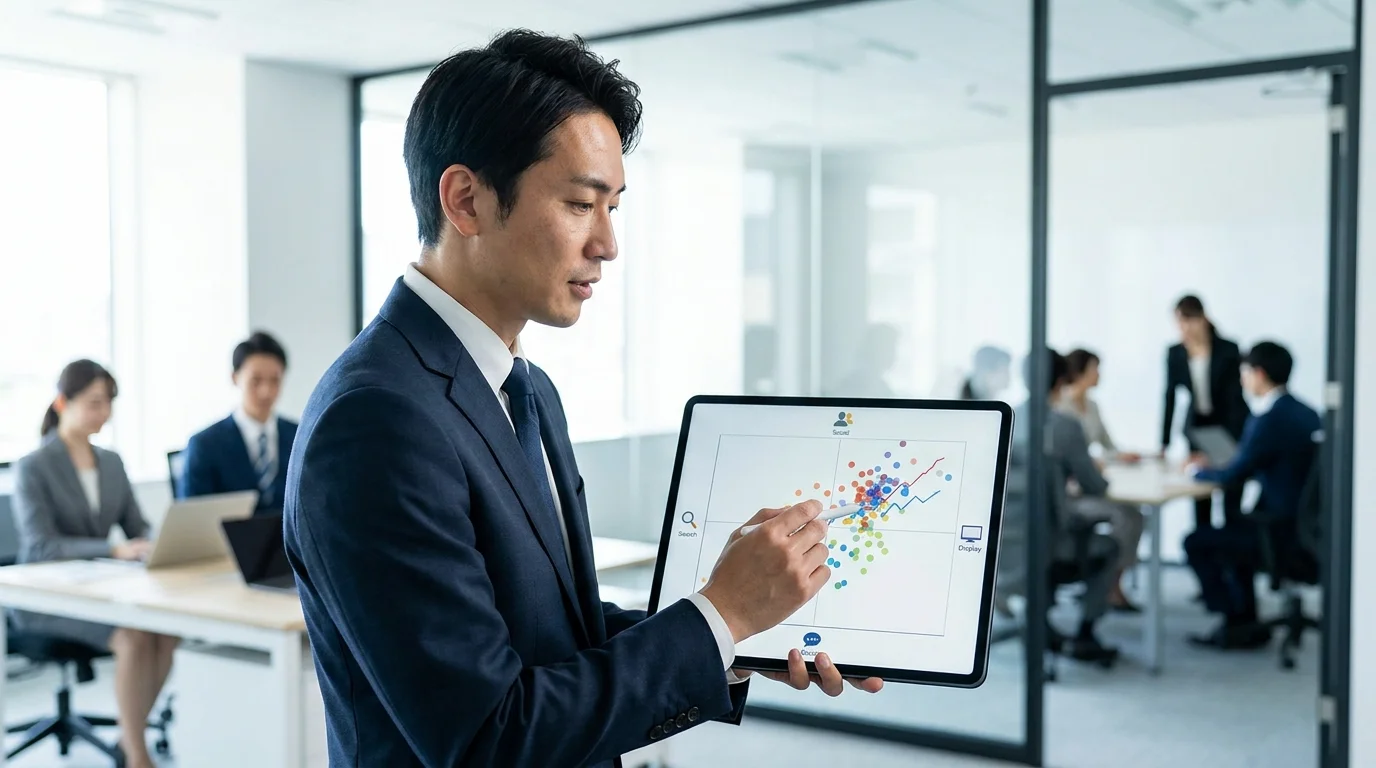 A professional business analyst examining a complex data visualization on a tablet, showing the correlation between advertising spend and return on ad spend (ROAS) across multiple digital marketing channels including search, social, and display.