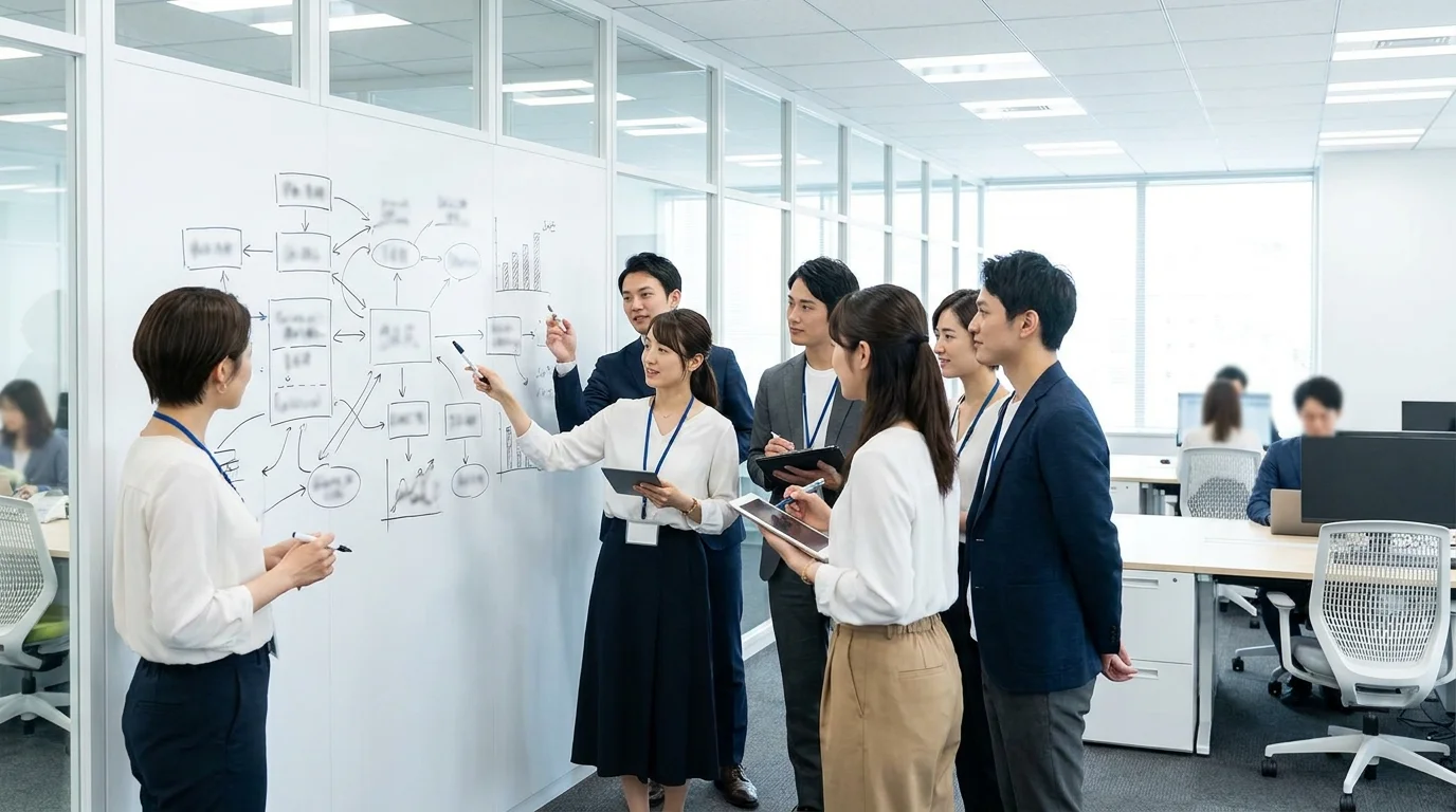 A diverse team of digital marketing experts in a modern office environment, brainstorming and planning a multi-channel customer acquisition strategy using a large white board with flowcharts and KPI metrics for e-commerce growth.