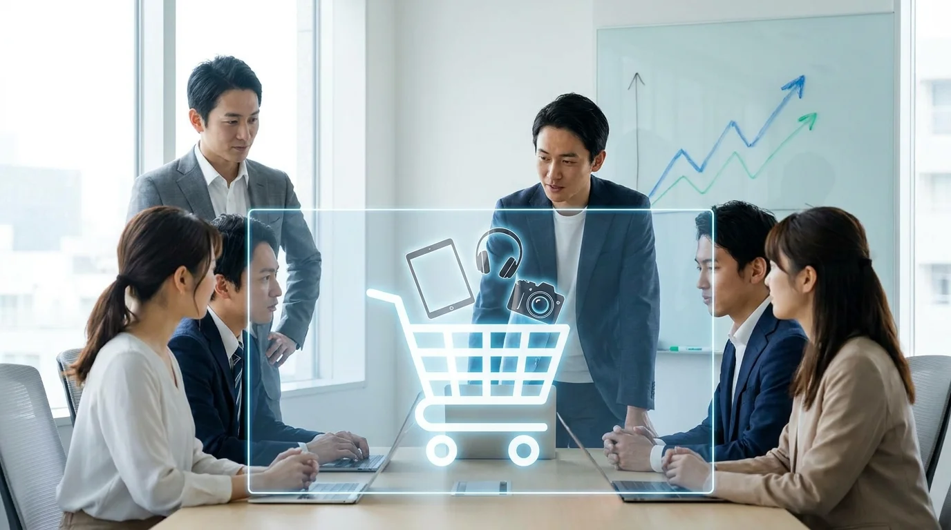 A conceptual visual representing E-commerce growth through Upselling and Cross-selling strategies, showing a shopping cart being filled with related high-value items and a rising graph indicating increased Average Order Value (AOV) and Customer Lifetime Value (LTV) in a professional business setting.