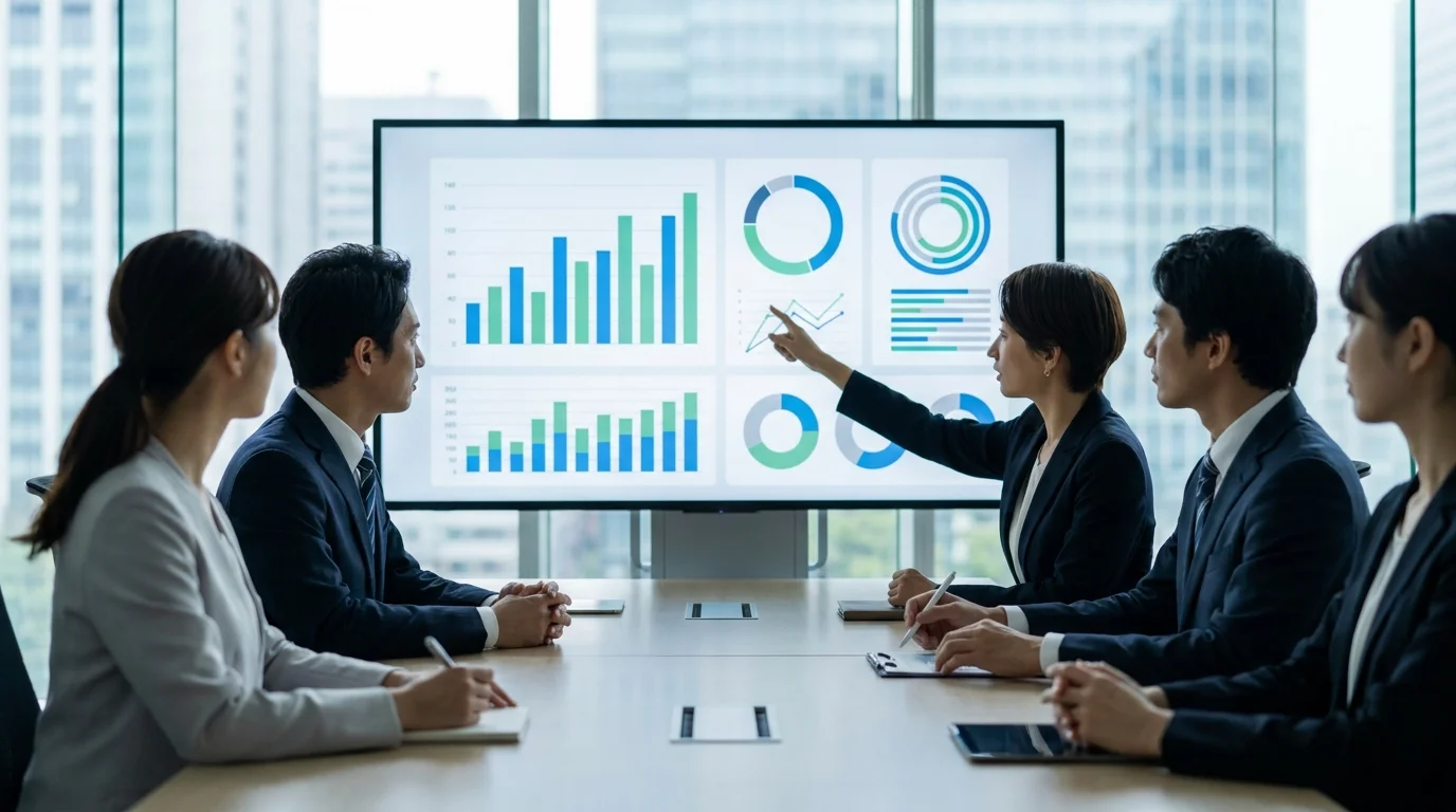 Business data analysis showing a professional dashboard with e-commerce metrics like Conversion Rate, Average Order Value, and Customer Retention. The image emphasizes the strategic planning required for management to implement effective sales tactics.