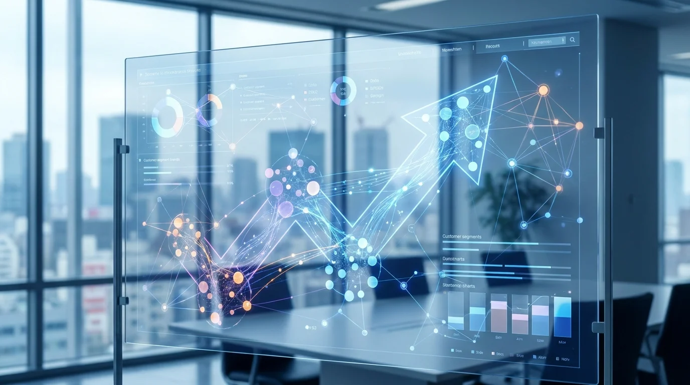 A high-tech digital interface showing complex network nodes and data flows, representing advanced CRM systems and customer segmentation using RFM analysis to maximize ROI in digital marketing campaigns.