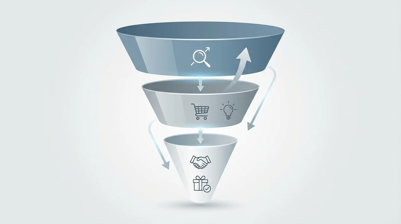Professional marketing funnel diagram illustrating the stages of awareness, consideration, and conversion for e-commerce growth strategy.