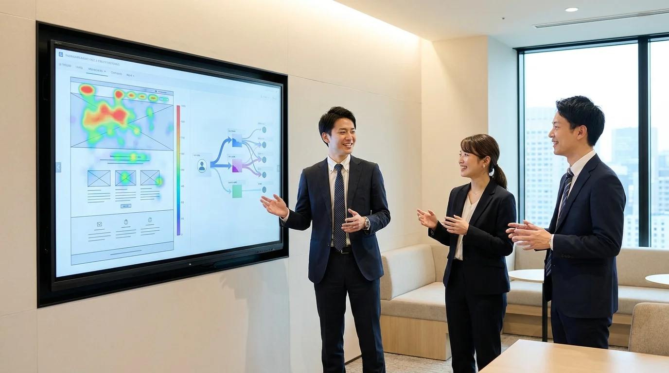 A team of data analysts discussing e-commerce customer acquisition strategies using a digital screen with heatmaps and user behavior flow analytics.
