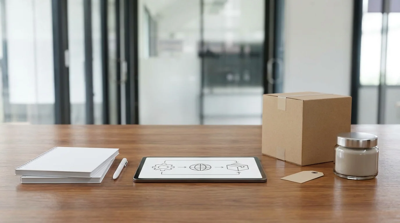 A conceptual visual showing a strategic branding process with minimalist design elements, representing the core identity of a private brand ecommerce business.
