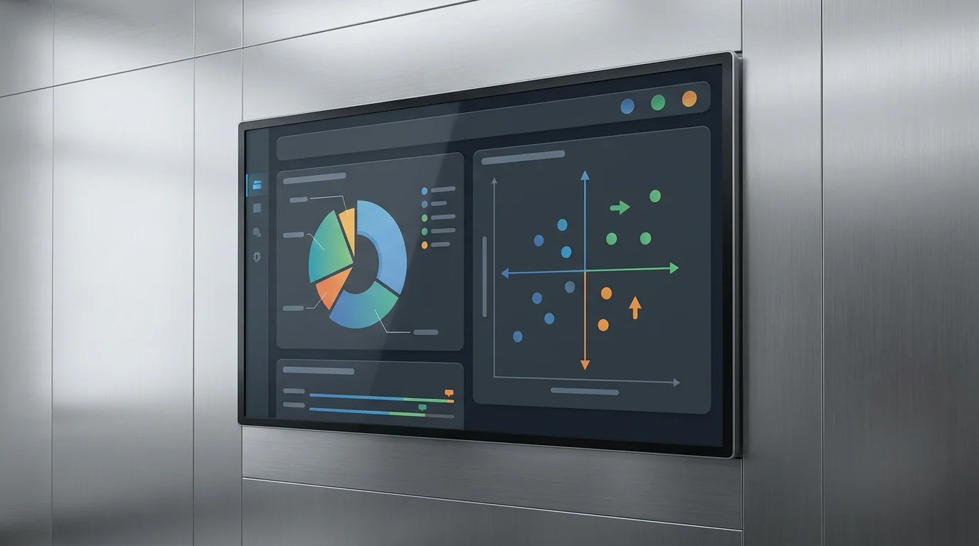 A professional business data analysis dashboard showing market segmentation and competitive positioning charts on a clean digital screen interface.