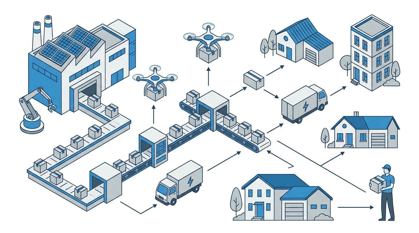 Modern logistics and supply chain management illustration showing efficient product distribution from a private brand manufacturer directly to consumers.