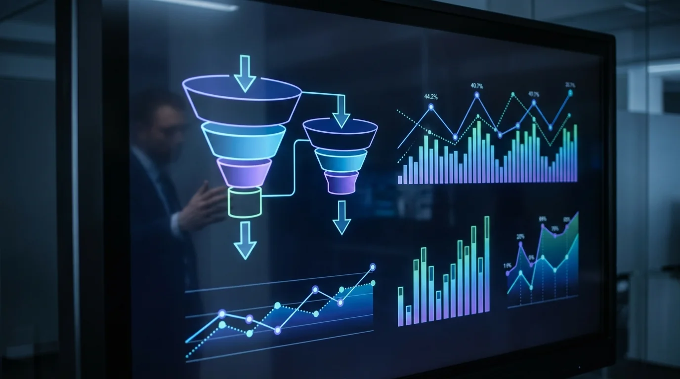 High-tech data visualization showing e-commerce conversion funnels and cost-per-click metrics on a professional dark interface, emphasizing the importance of analytical decision making in digital marketing.