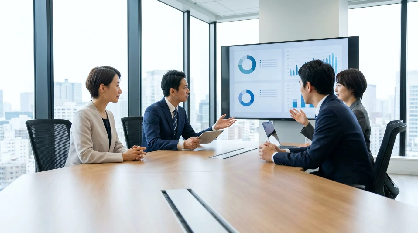 A business meeting scene with e-commerce experts discussing strategic resource allocation and marketing budget optimization, focusing on maximizing return on investment for online marketplaces.