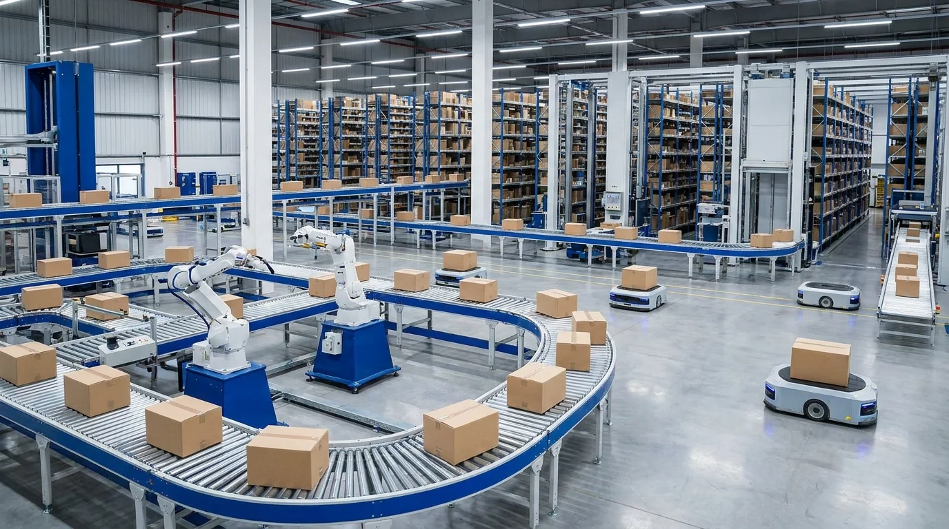 A sophisticated automated logistics warehouse with high-tech sorting systems and organized shipping parcels, representing fulfillment and 3PL efficiency in modern e-commerce supply chains.