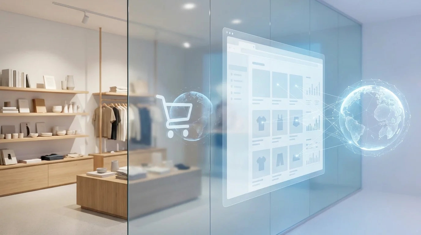 Conceptual visual representing a seamless integration of a physical retail store and a digital e-commerce interface, emphasizing the connection between local business and global web technology for strategic growth.
