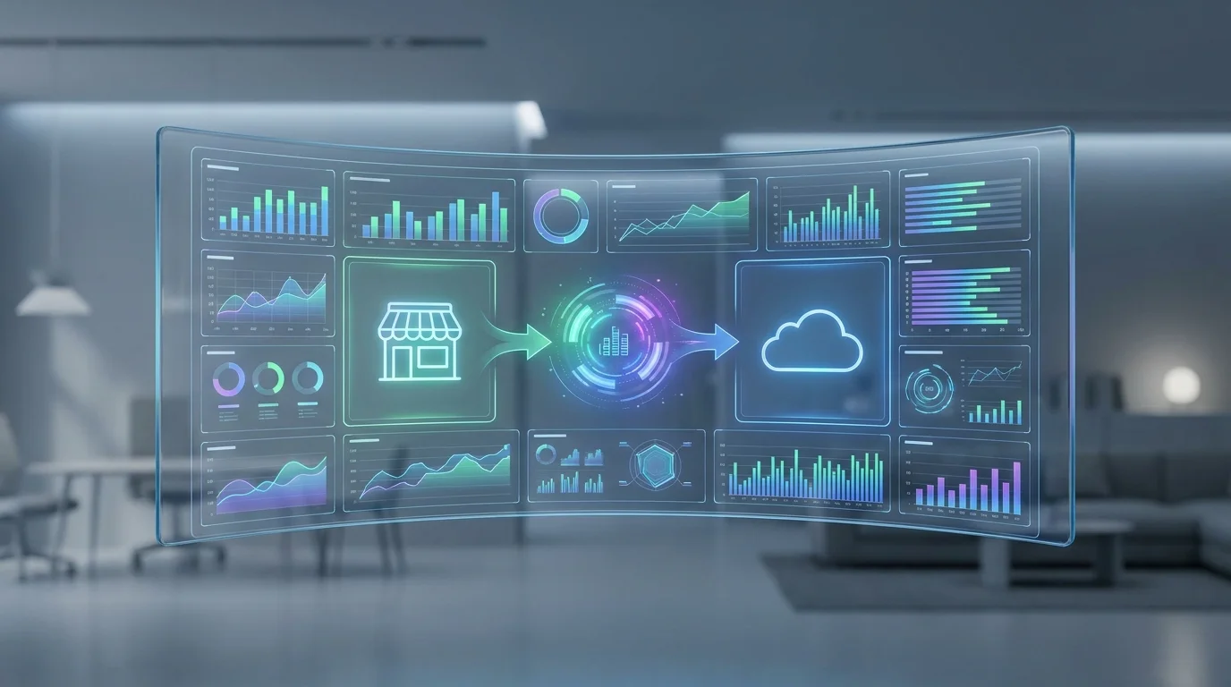 A high-tech dashboard displaying integrated data from physical store sales and online e-commerce transactions, illustrating the concept of unified commerce and data-driven retail management.