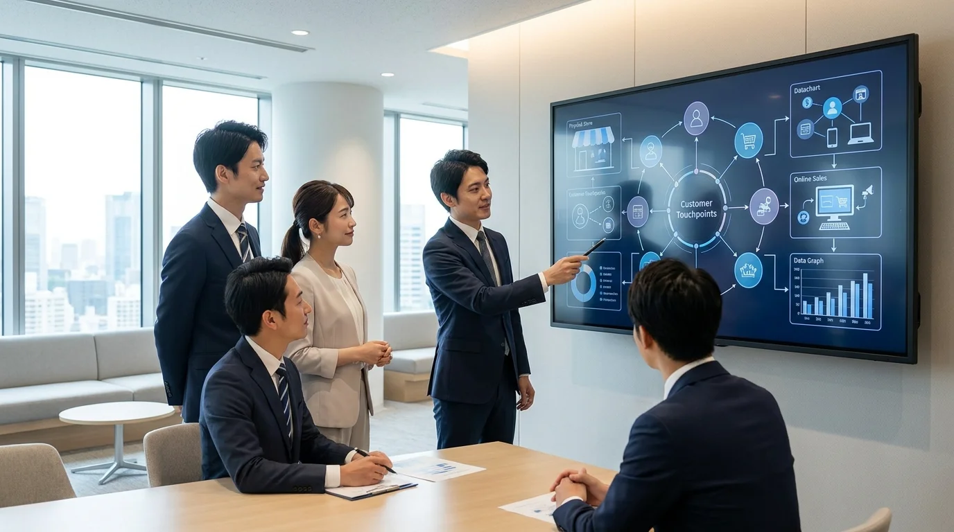 A professional business team analyzing customer journey maps and logistics flowcharts on a large screen, focusing on optimizing the synergy between brick-and-mortar operations and digital sales.