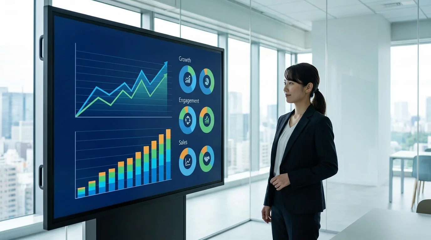 Professional business data visualization dashboard showing upward growth trends and digital marketing performance metrics for large scale e-commerce operations.