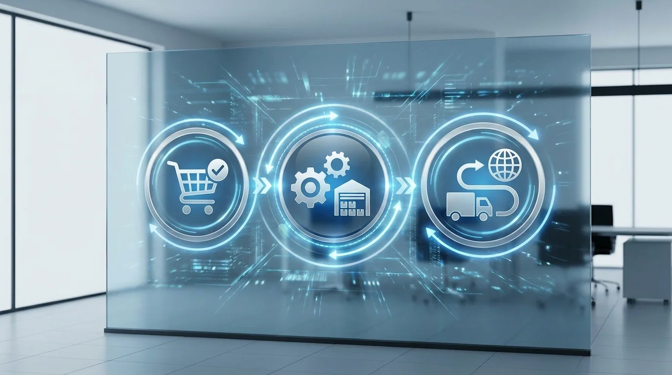 A conceptual high-tech digital dashboard showing the Order-to-Cash cycle in e-commerce, featuring interconnected icons for order processing, inventory synchronization, and logistics tracking without any brand logos.
