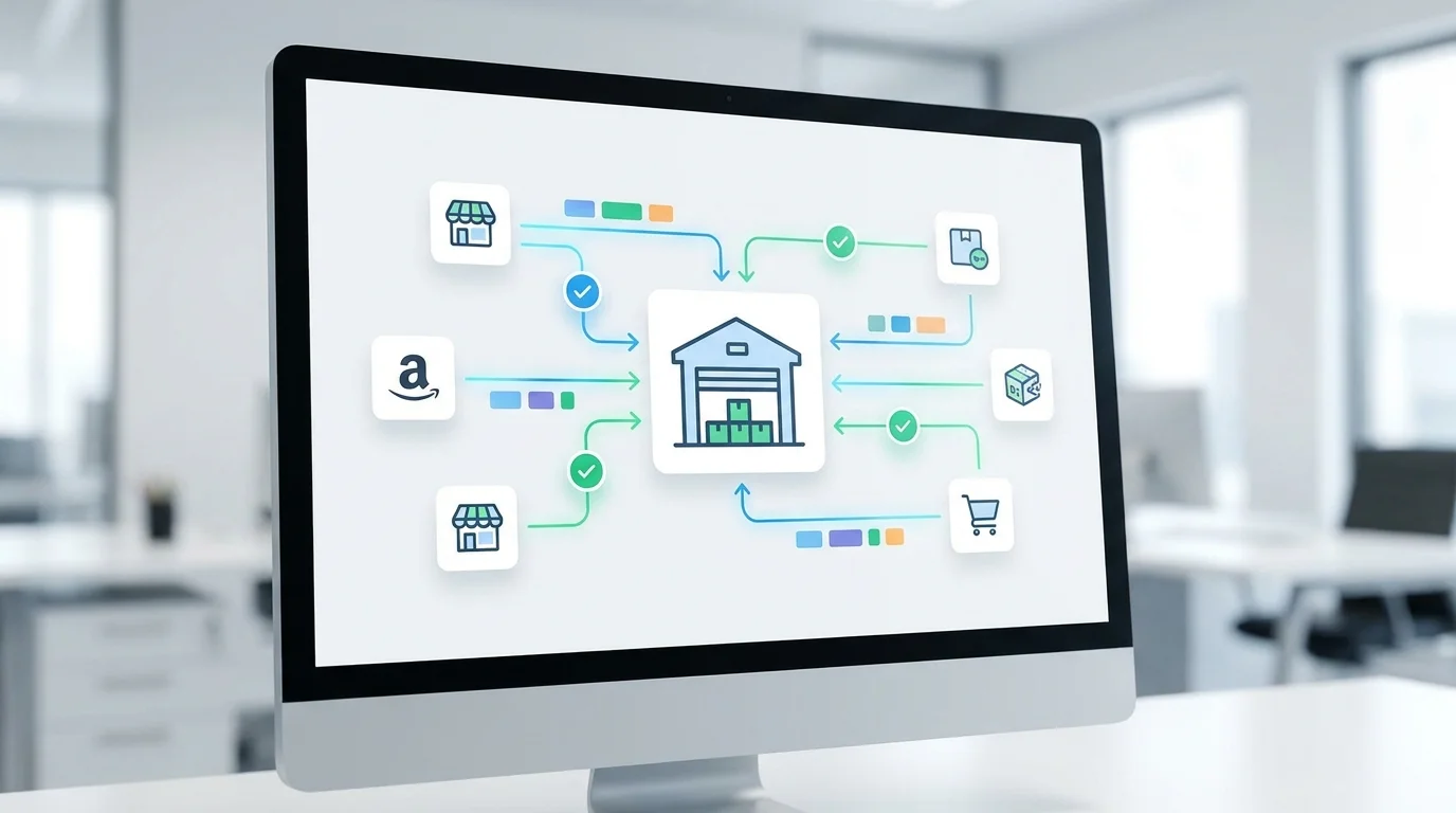 Professional logistics management software interface displaying complex data flows between multiple e-commerce marketplaces and a centralized warehouse management system, highlighting automated status updates.