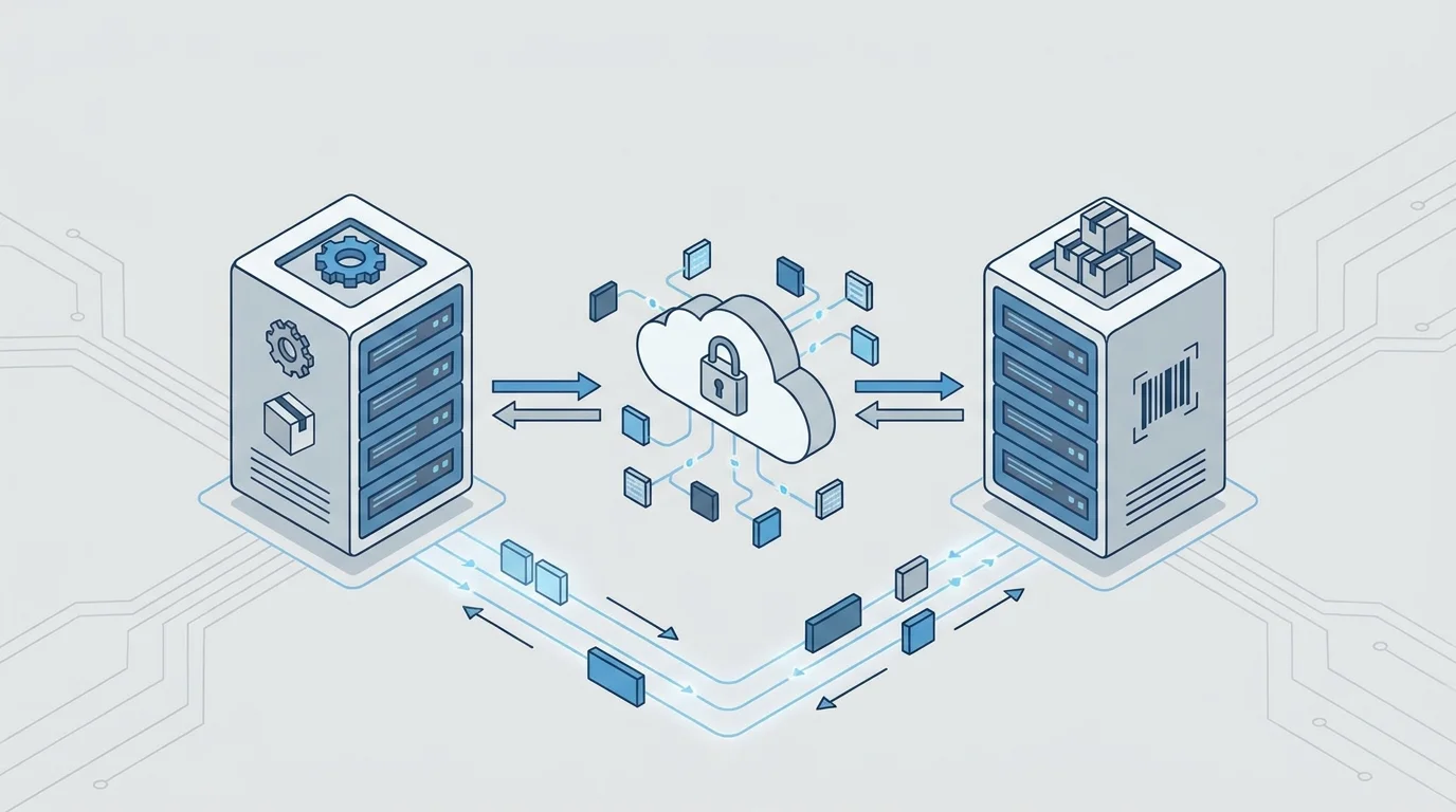 Detailed technical illustration of API connectivity between an Order Management System and a Warehouse Management System, showing data packets moving through a secure cloud infrastructure for real-time inventory updates.