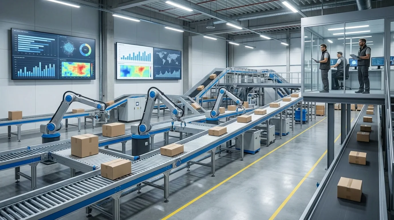 A sophisticated modern logistics warehouse with automated sorting systems and digital inventory management displays, representing the core concept of warehouse management systems in e-commerce operations.