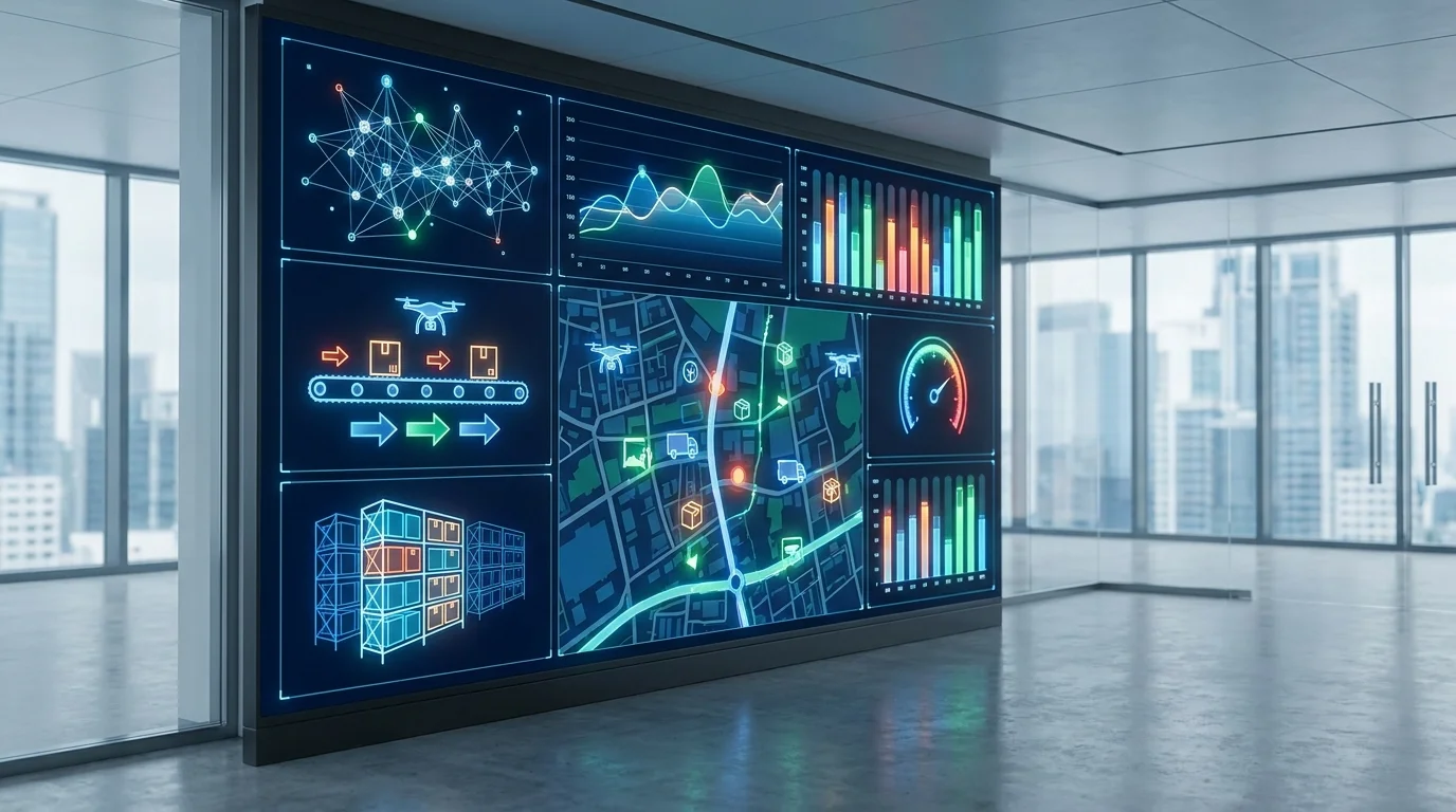 Digital dashboard interface showing real-time inventory levels, order processing speed, and warehouse logistics data visualization with high-tech analytics for supply chain optimization.